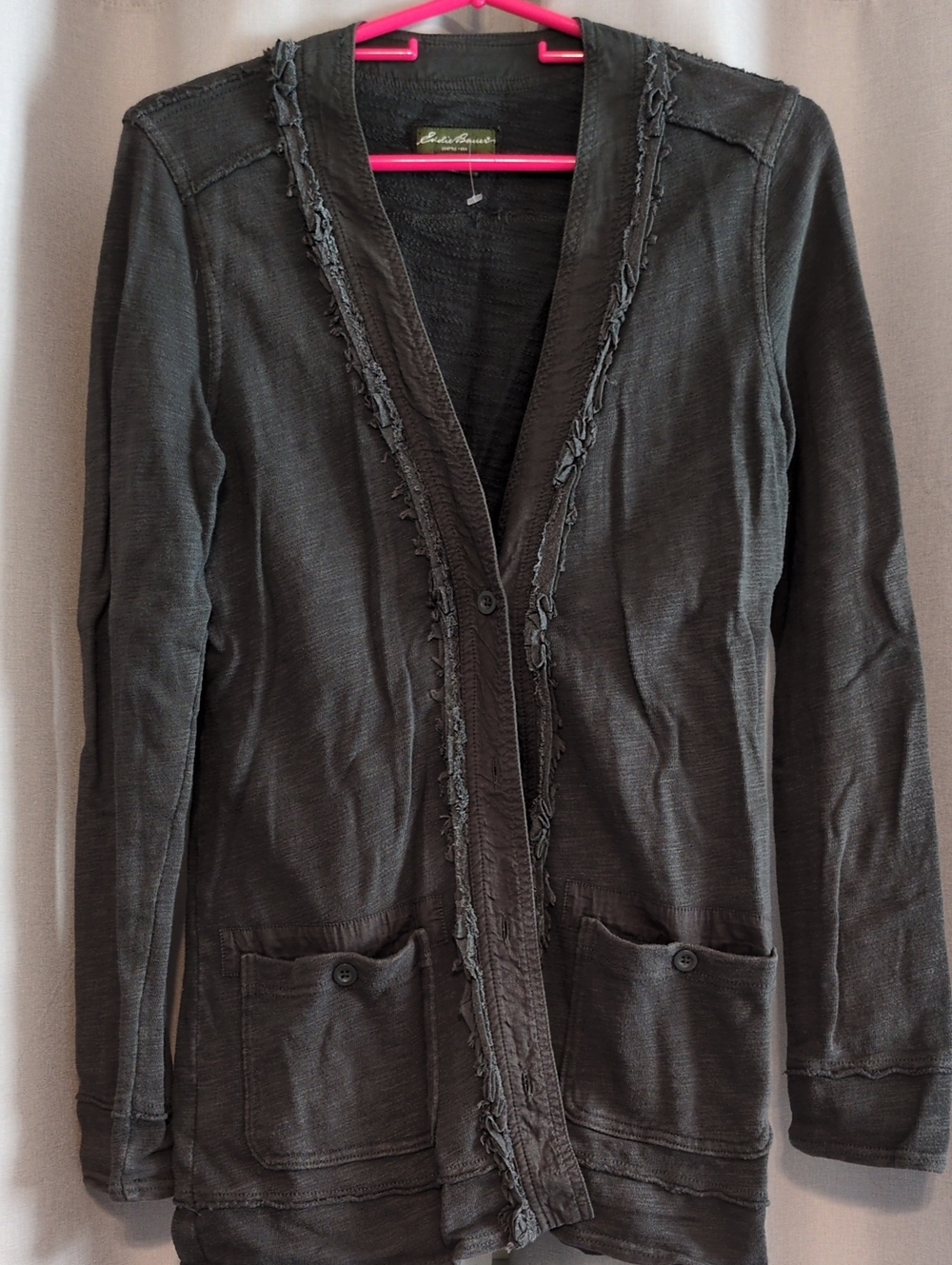 Eddie Bauer Black Frayed-Trim Open Cardigan